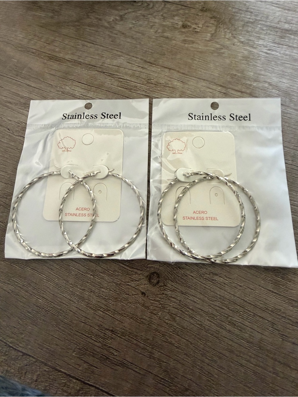 Twisted Stainless Steel Silver Hoop Earrings - Pair